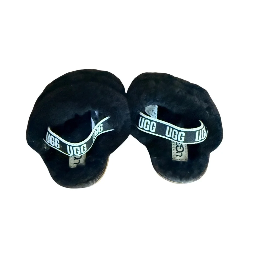 UGG Infant Fluff Yeah Slide Black Sheepskin Logo Strap Sandals 1019603T Size 4/5